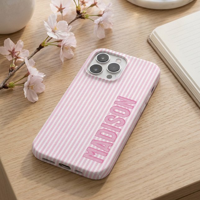 Cute Pink & White Pinstripe Personalized Name iPhone Case (Creator Uploaded)