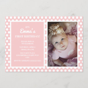 Cute Pink White Polka Dot Little Girl 1st Birthday Invitation