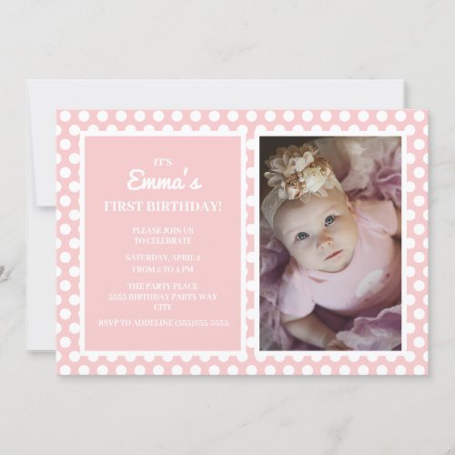 Cute Pink White Polka Dot Little Girl 1st Birthday Invitation