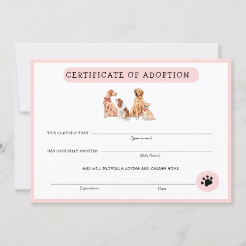 Cute Pink  White Puppy Adoption Certificate