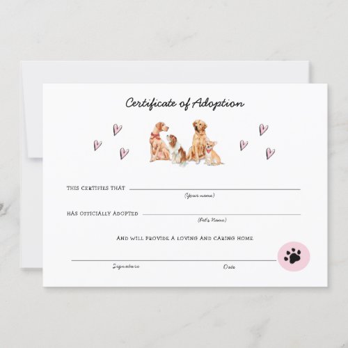 Cute Pink  White  Puppy Adoption Certificate