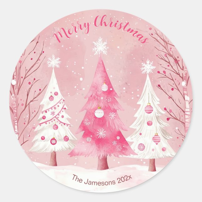 Cute Pink White Retro Christmas  Classic Round Sticker (Front)