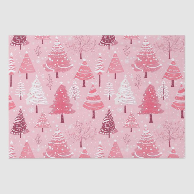 Cute Pink White Retro Christmas Trees Tissue Paper (Front)