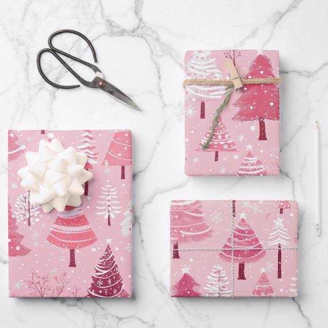 Cute Pink White Retro Christmas Trees Wrapping Paper Sheets (Front)