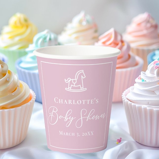 Cute Pink White Rocking Horse Baby Shower Paper Cups (Creator Uploaded)