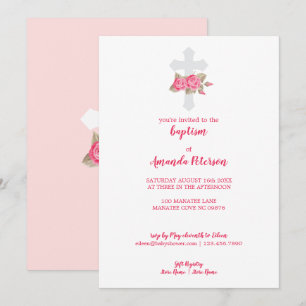 Cute Pink & White Roses Cross Baptism Invitation