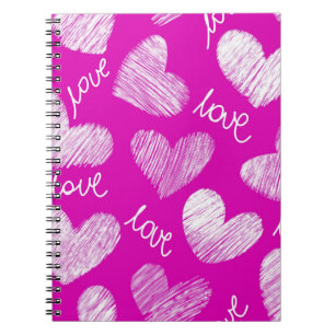 Cute Pink White Scribbled Hearts with Love Script Notebook