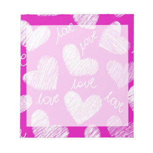 Cute Pink White Scribbled Hearts with Love Script Notepad