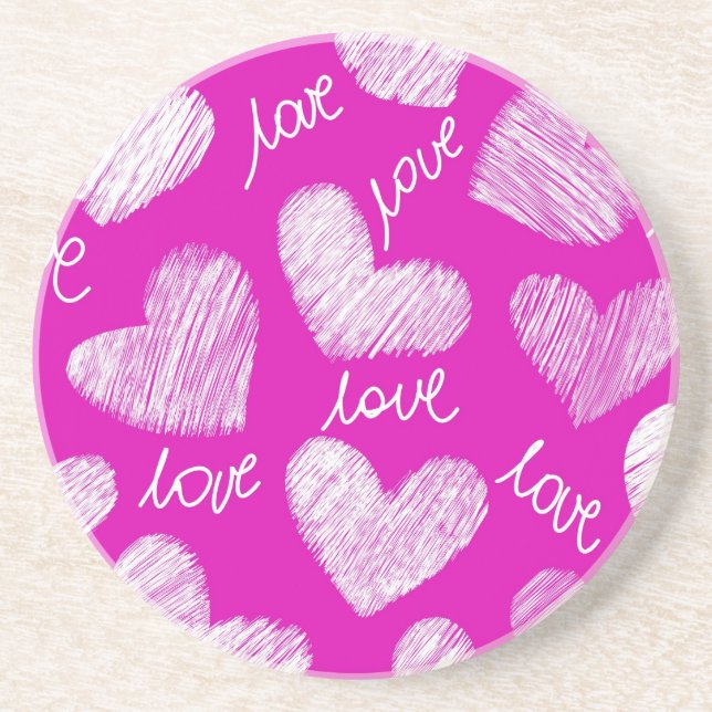 Cute Pink White Scribbled Hearts with Love Script Sandstone Coaster (Front)