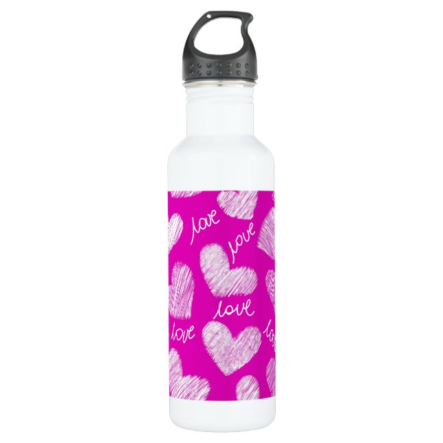 Cute Pink White Scribbled Hearts with Love Script Water Bottle (Front)