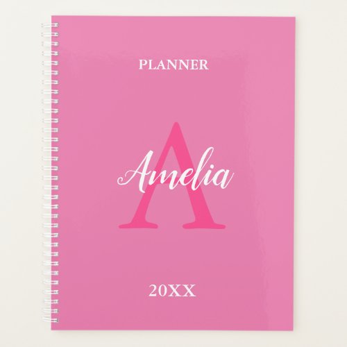 Cute Pink White Script Monogram Planner