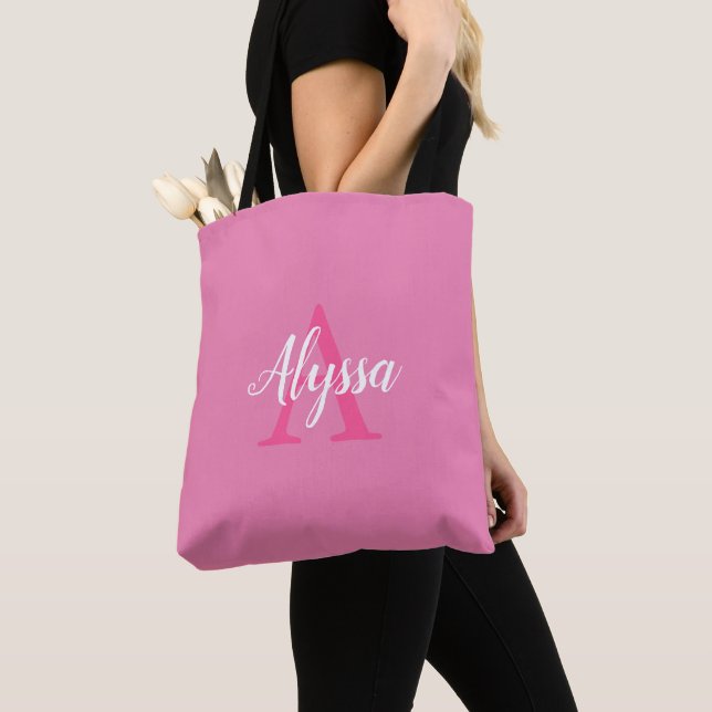 Cute Pink White Script Monogram Tote Bag (Close Up)