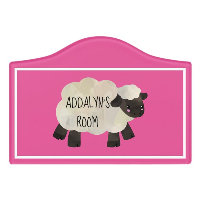 Cute Pink White Sheep Child's Room Door Sign (Small Crest Front)