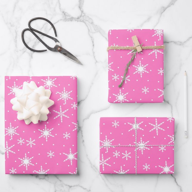 Cute Pink White Snowflake Pattern Xmas Wrapping Paper Sheets (Front)