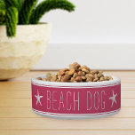 Cute Pink & White Starfish Beach Dog Bowl<br><div class="desc">Cute coastal style dog bowl for your beach house or island abode features the words "beach dog" in white farmhouse style lettering on a pink background accented with narrow stripes and a pair of white starfish.</div>