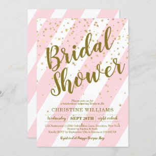 Cute Pink White Stripe Gold Confetti Bridal Shower Invitation