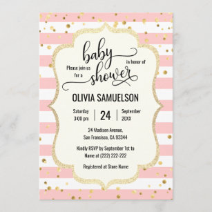Cute Pink White Stripes Gold Black Baby Shower Invitation