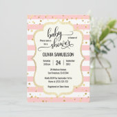 Cute Pink White Stripes Gold Black Baby Shower Invitation (Standing Front)