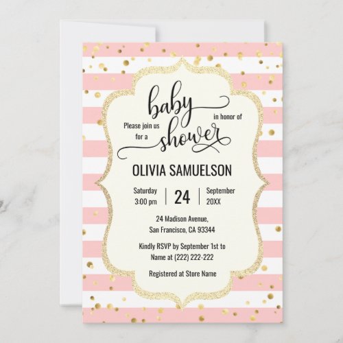 Cute Pink White Stripes Gold Black Baby Shower Invitation