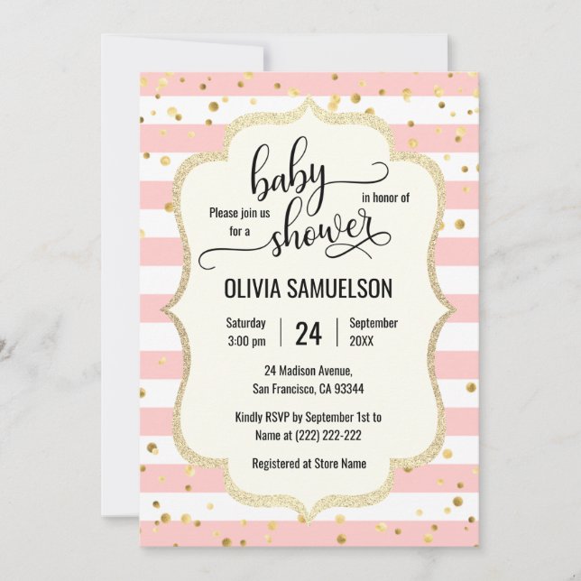 Cute Pink White Stripes Gold Black Baby Shower Invitation (Front)