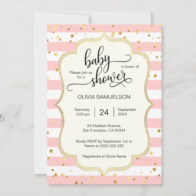Cute Pink White Stripes Gold Black Baby Shower Invitation (Front)