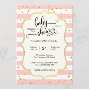 Cute Pink White Stripes Gold Black Baby Shower Invitation