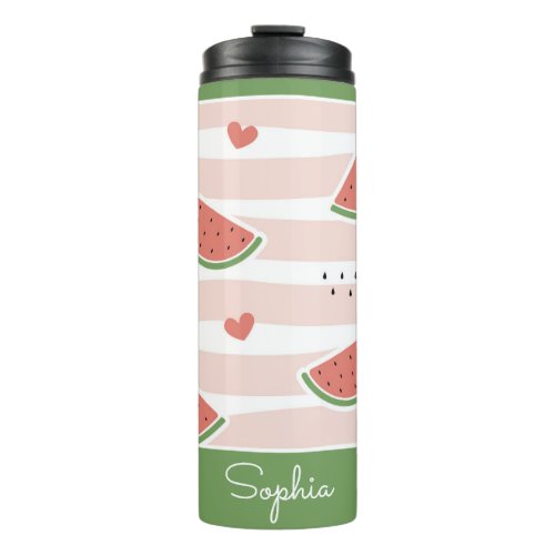 Cute Pink  White Stripes Personalized Watermelon Thermal Tumbler