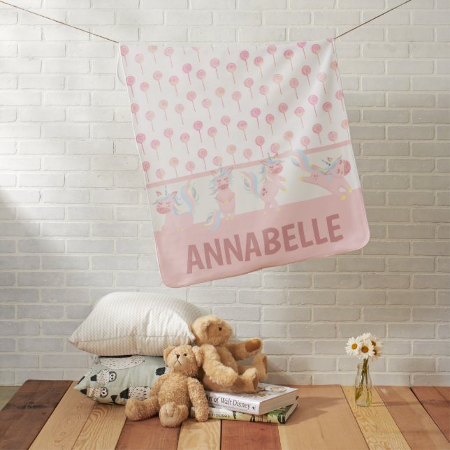 Cute PInk White Unicorn Lollipop Girls Baby Blanket (In Situ)