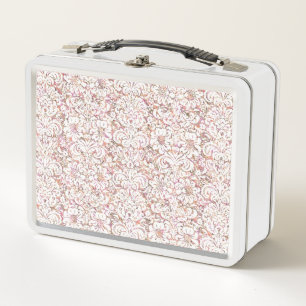 Cute pink white vintage floral design metal lunch box
