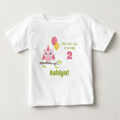 Cute Pink Who Is Turning 2 Party Owl 2nd Birthday Baby T-Shirt (Front)