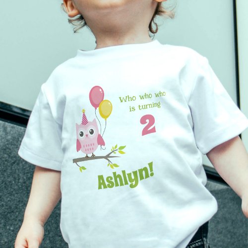 Cute Pink Who Is Turning 2 Party Owl 2nd Birthday Baby T_Shirt