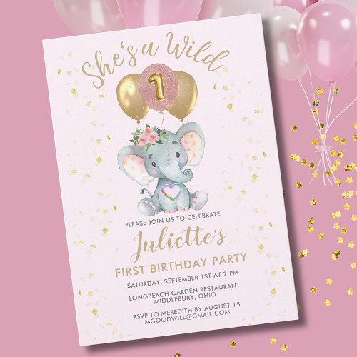 Cute Pink Wild One Elephant First Birthday Girl Invitation