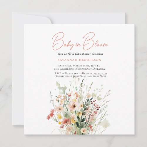 Cute Pink Wildflower Baby in Bloom Baby Shower Invitation