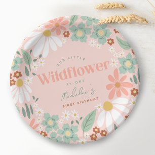 Cute Pink Wildflower Daisy Kids First Birthday Paper Plates