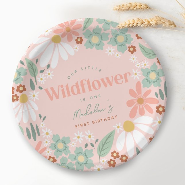 Cute Pink Wildflower Daisy Kids First Birthday Paper Plates (Creator Uploaded)