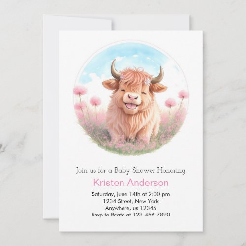 Cute Pink Wildflower Highland Cow Girl Baby Shower Invitation