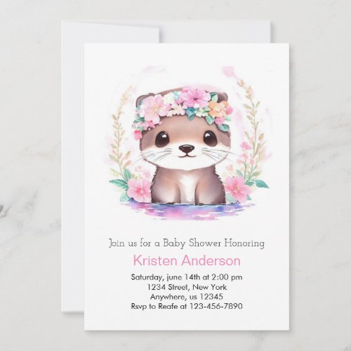 Cute Pink Wildflower Otter Magic Girl Baby Shower Invitation