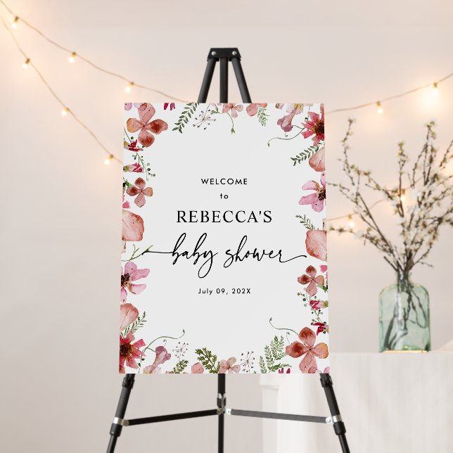Cute Pink Wildflowers Baby Shower Welcome Signs (In Situ (Stand))
