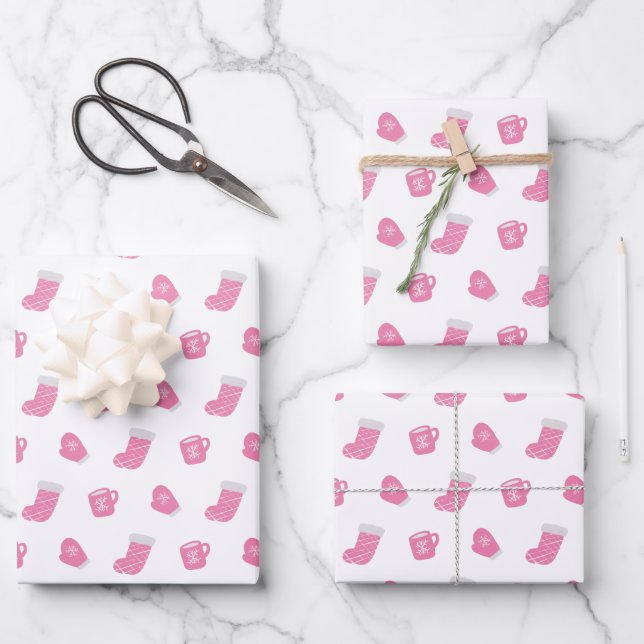 Cute Pink Winter Christmas Pattern Wrapping Paper Sheets (Front)