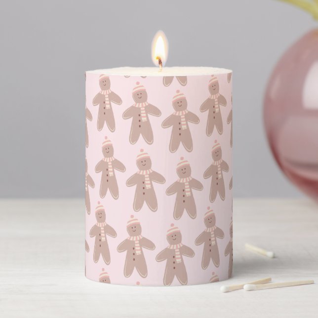 Cute pink winter gingerbread men pillar candle (In Situ)
