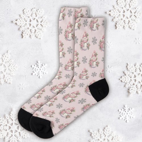 Cute Pink Winter Snowman Christmas Socks
