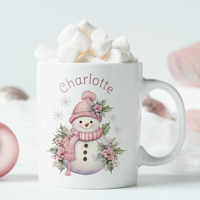 Cute Pink Winter Snowman Christmas Two-Tone Coffee Mug (Creator Uploaded)