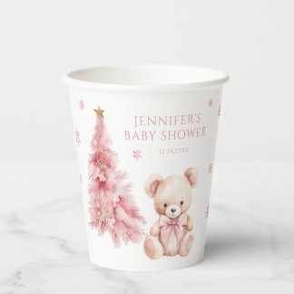 Cute Pink Winter Teddy Bear Bow Baby Girl Shower Paper Cups