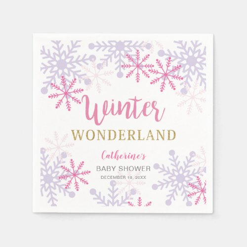 Cute Pink Winter Wonderland Baby Shower Snowflakes Napkins