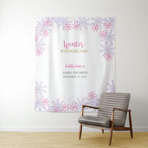 Cute Pink Winter Wonderland Baby Shower Snowflakes Tapestry