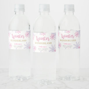 Cute Pink Winter Wonderland Baby Shower Snowflakes Water Bottle Label