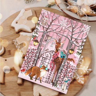 Cute Pink Winter Woodland Animals Holiday Postcard