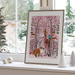 Cute Pink Winter Woodland Animals Holiday Poster
