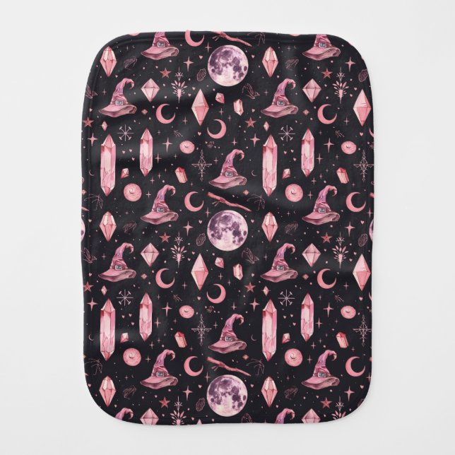 Cute Pink Witchy  Baby Burp Cloth (Front)