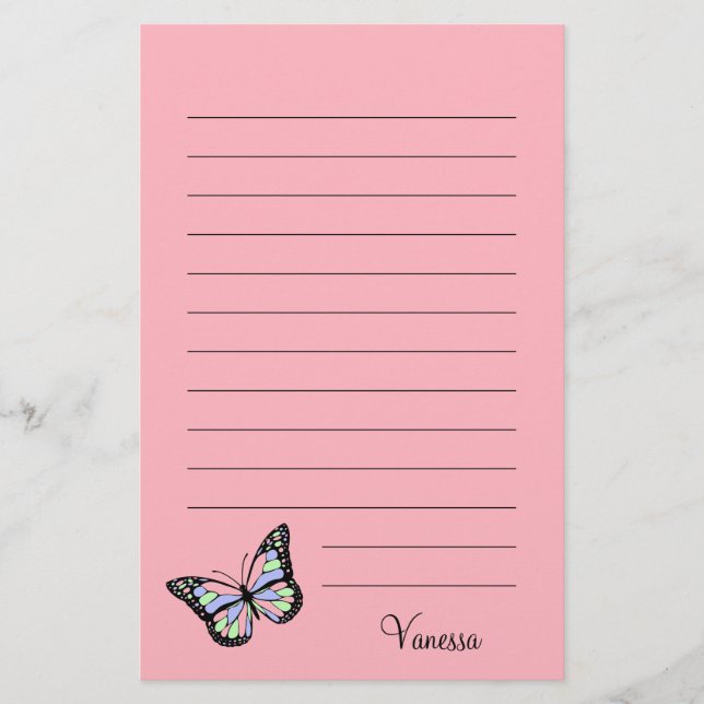 Cute Pink with Black Script and Butterfly Stationery (Front)